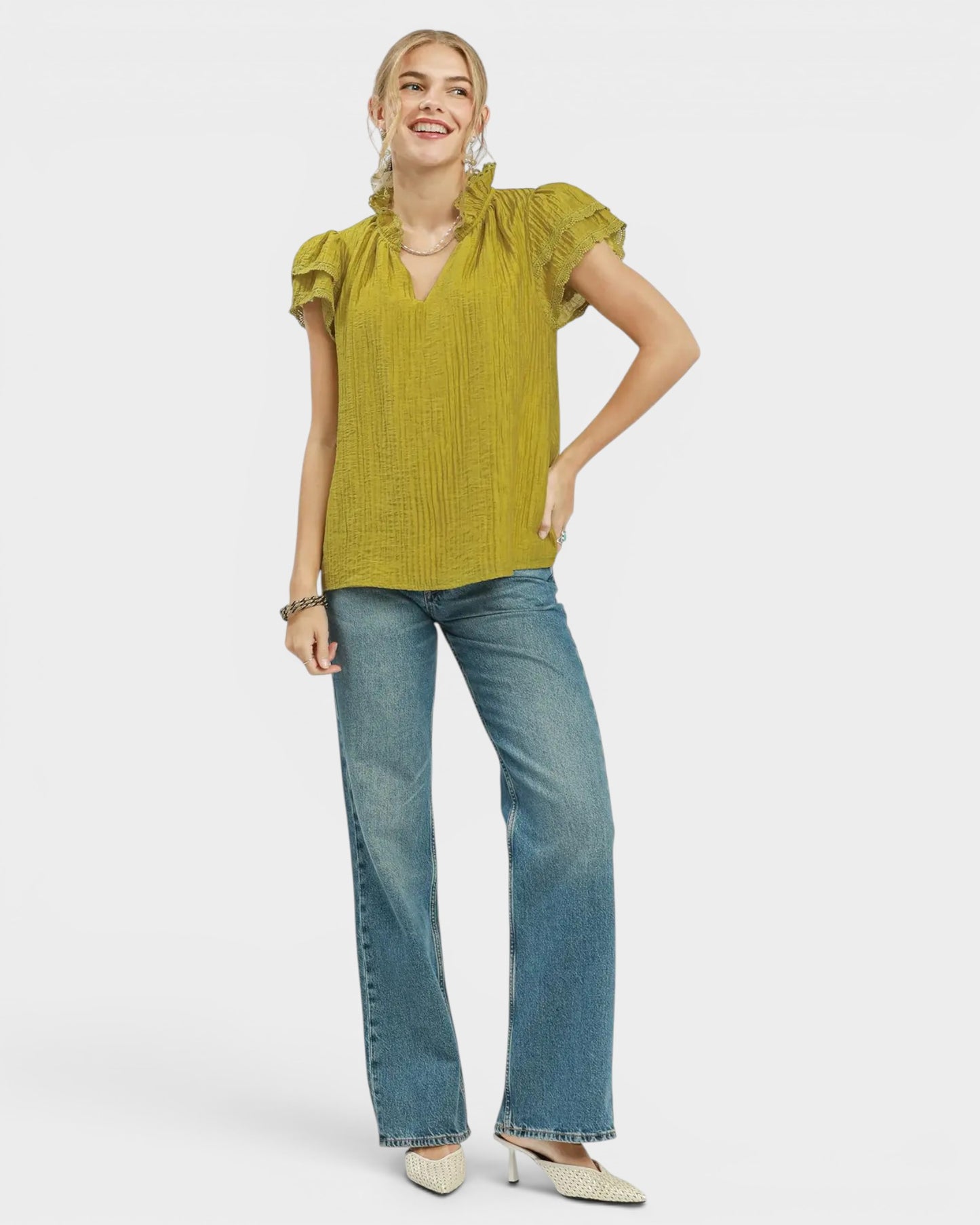 Chartreuse Lace Trim Textured Flutter Sleeve Top