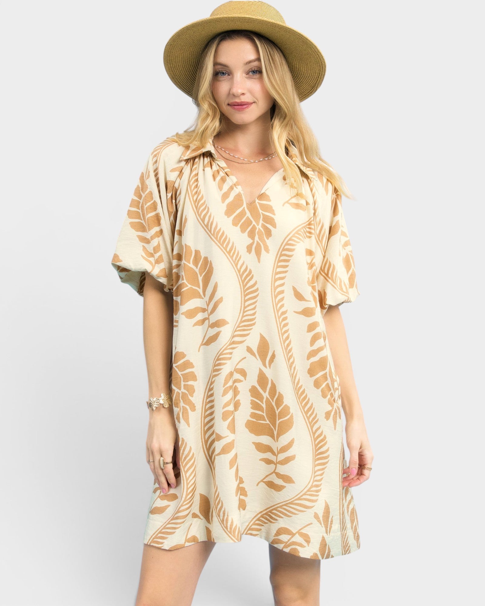 Cream & Latte Leaf Print Mini Dress