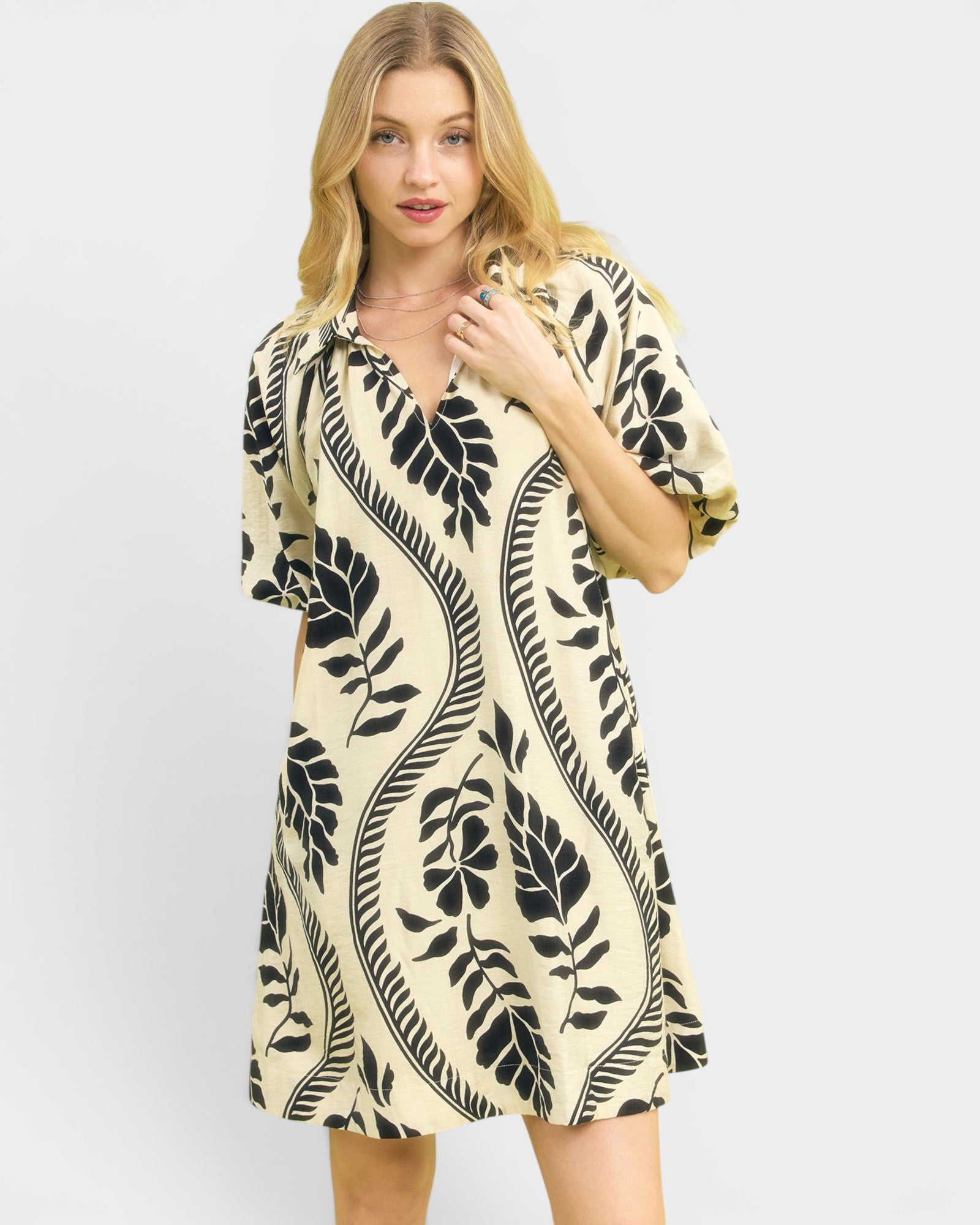 Cream & Black Leaf Print Mini Dress