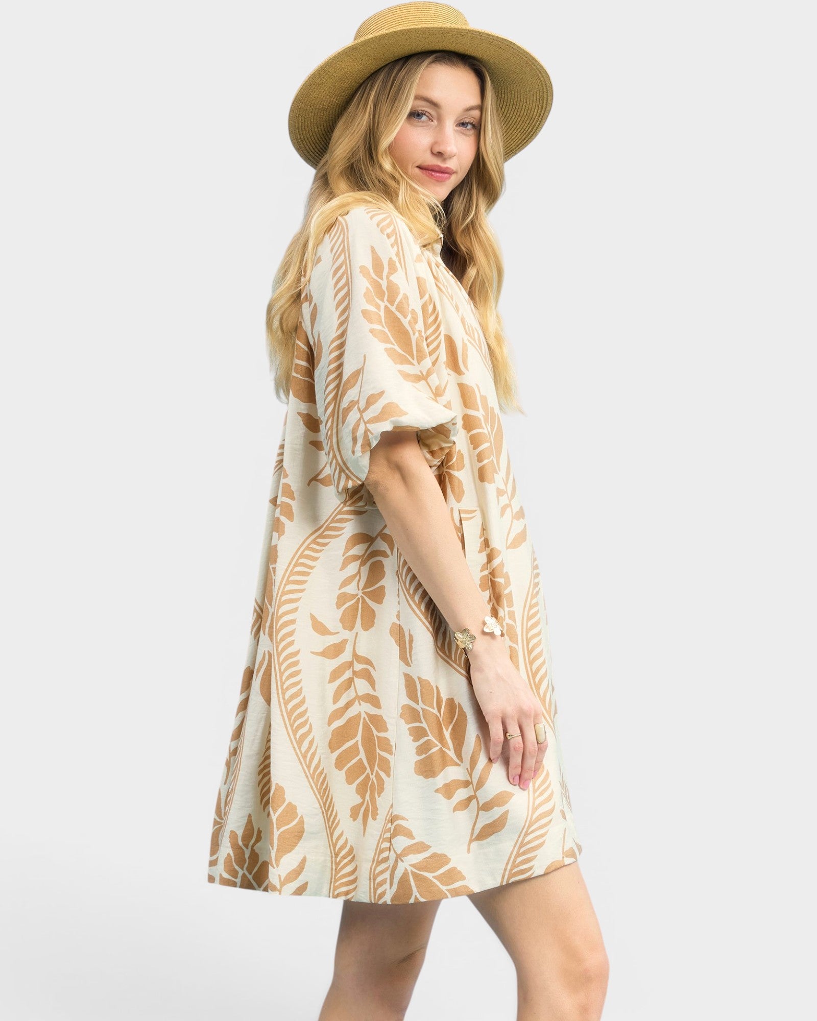 Cream & Latte Leaf Print Mini Dress