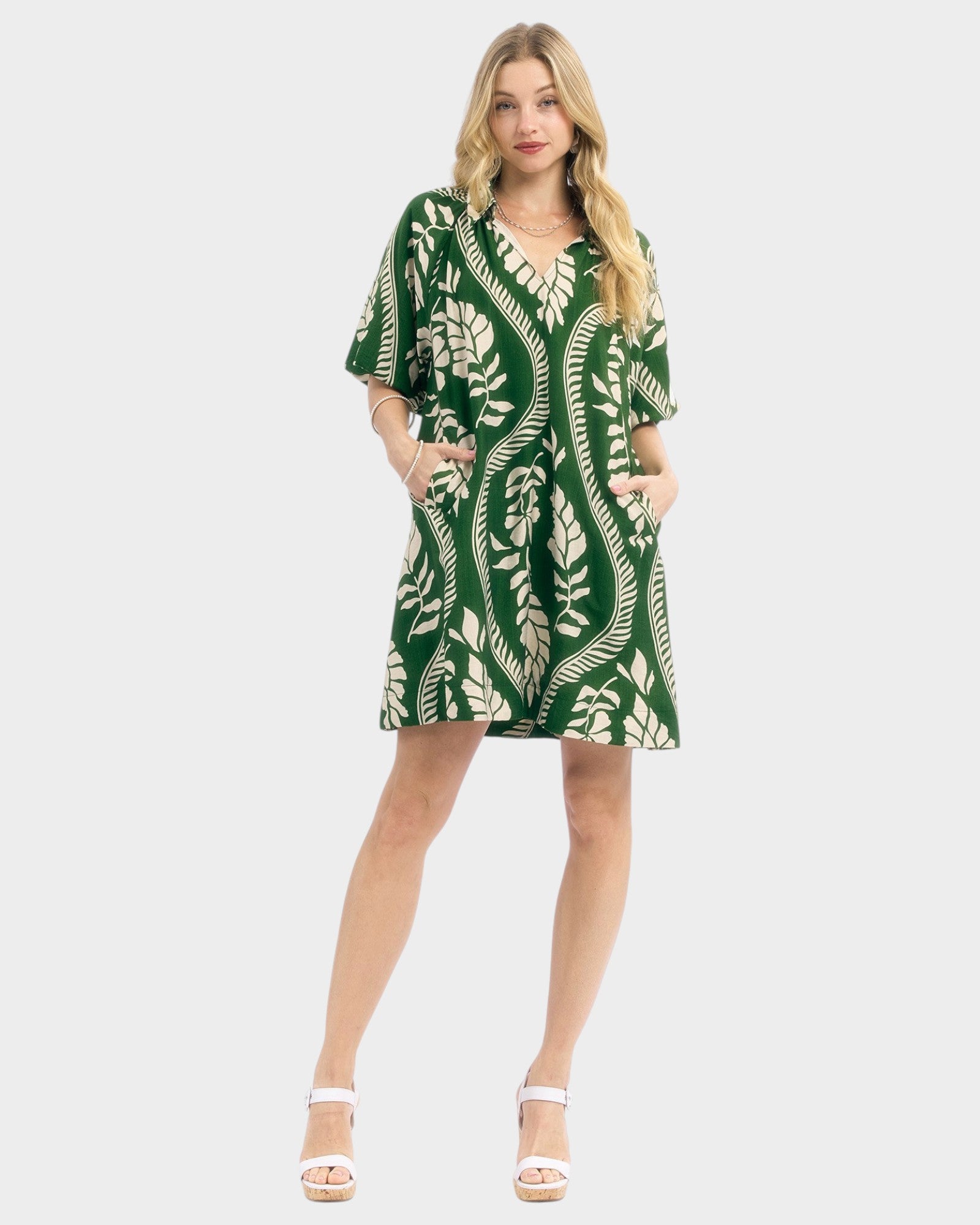 Green & Cream Leaf Print Mini Dress