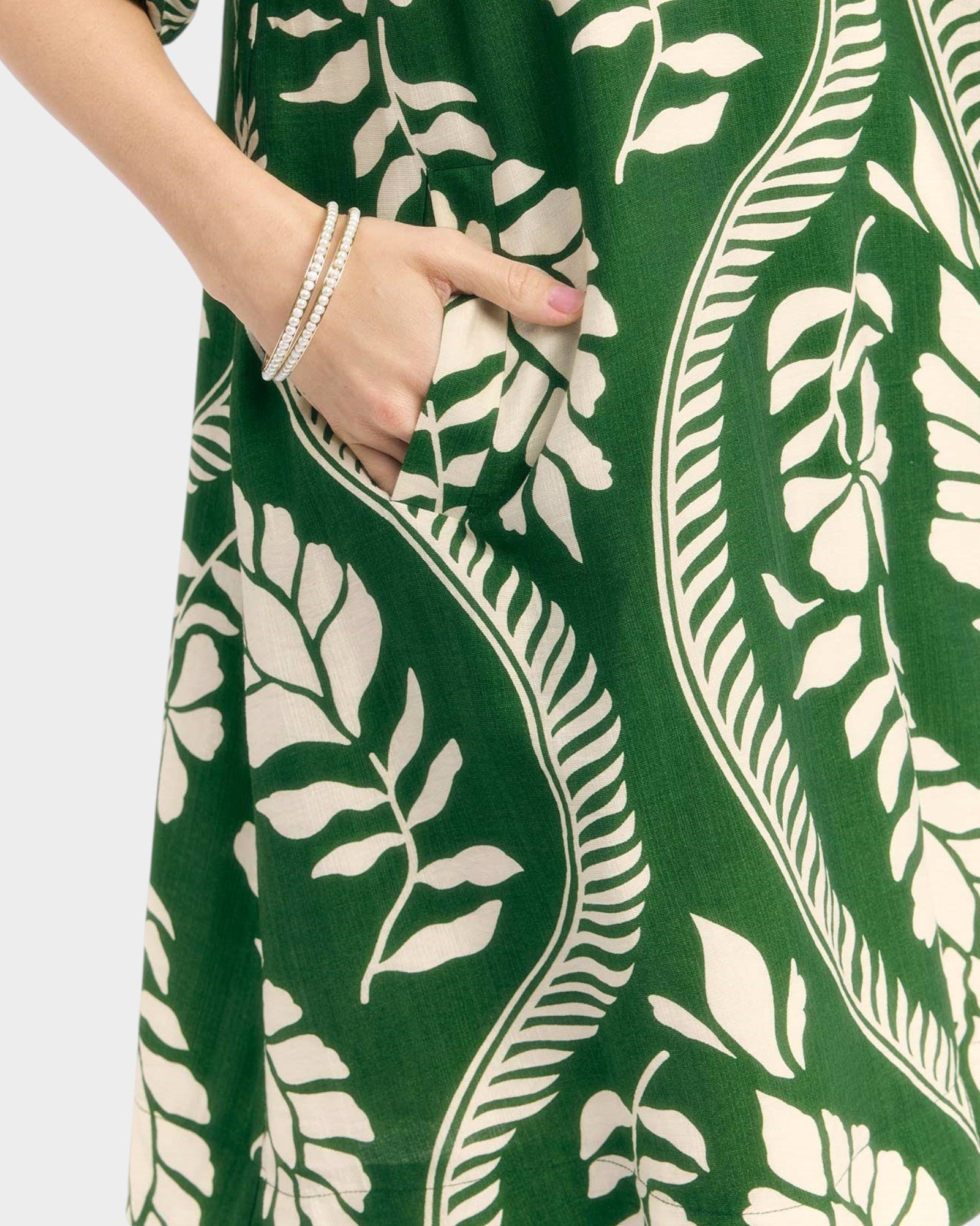 Green & Cream Leaf Print Mini Dress