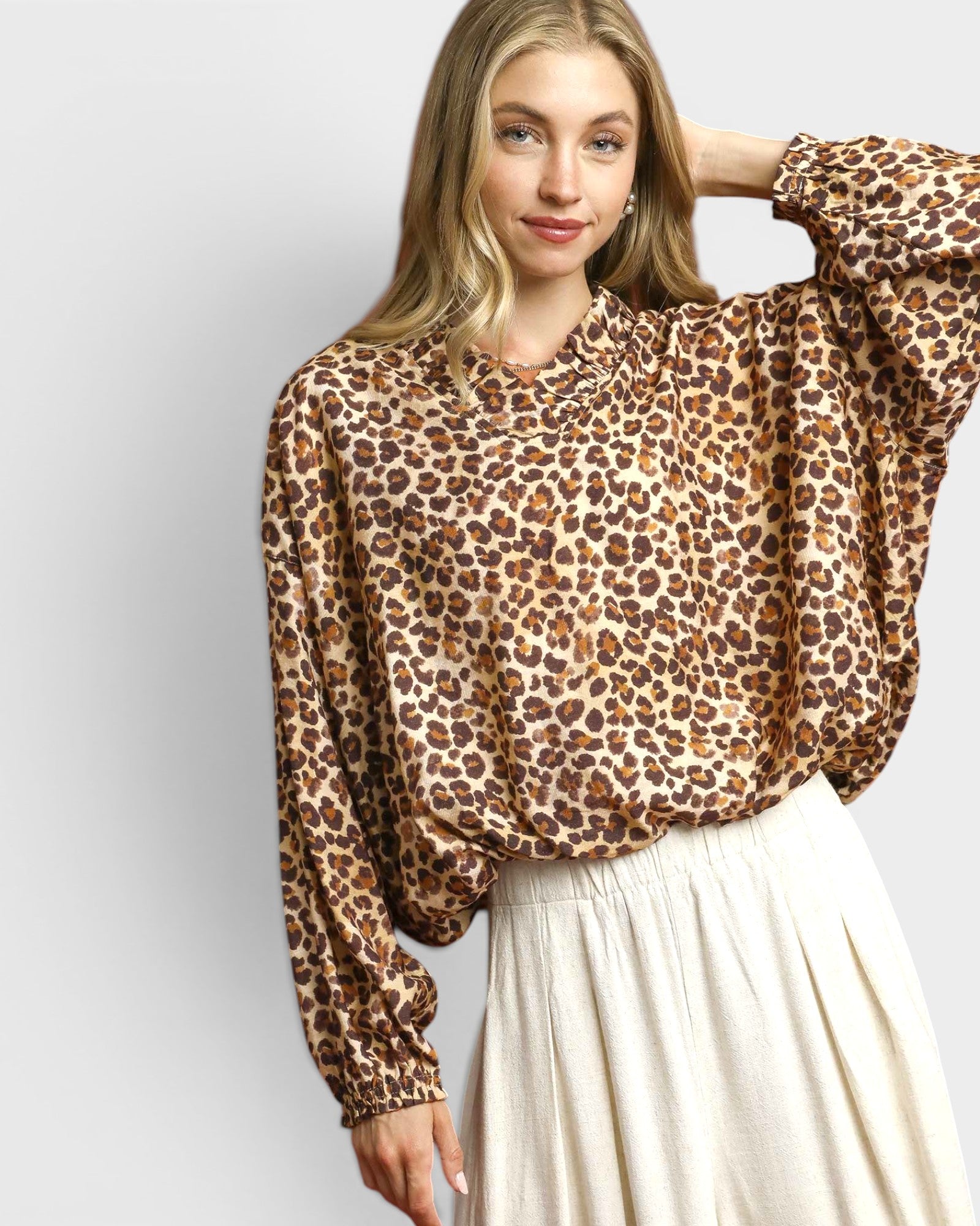 Tan Leopard Long Sleeve Blouse