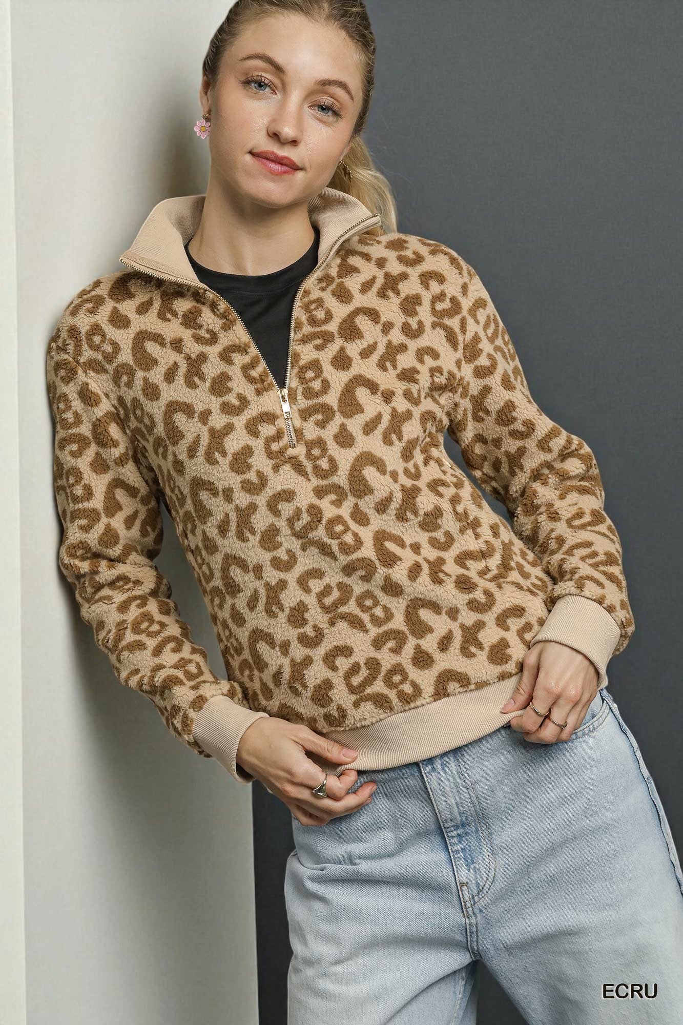 Camel Leopard Sherpa Half Zip Pullover