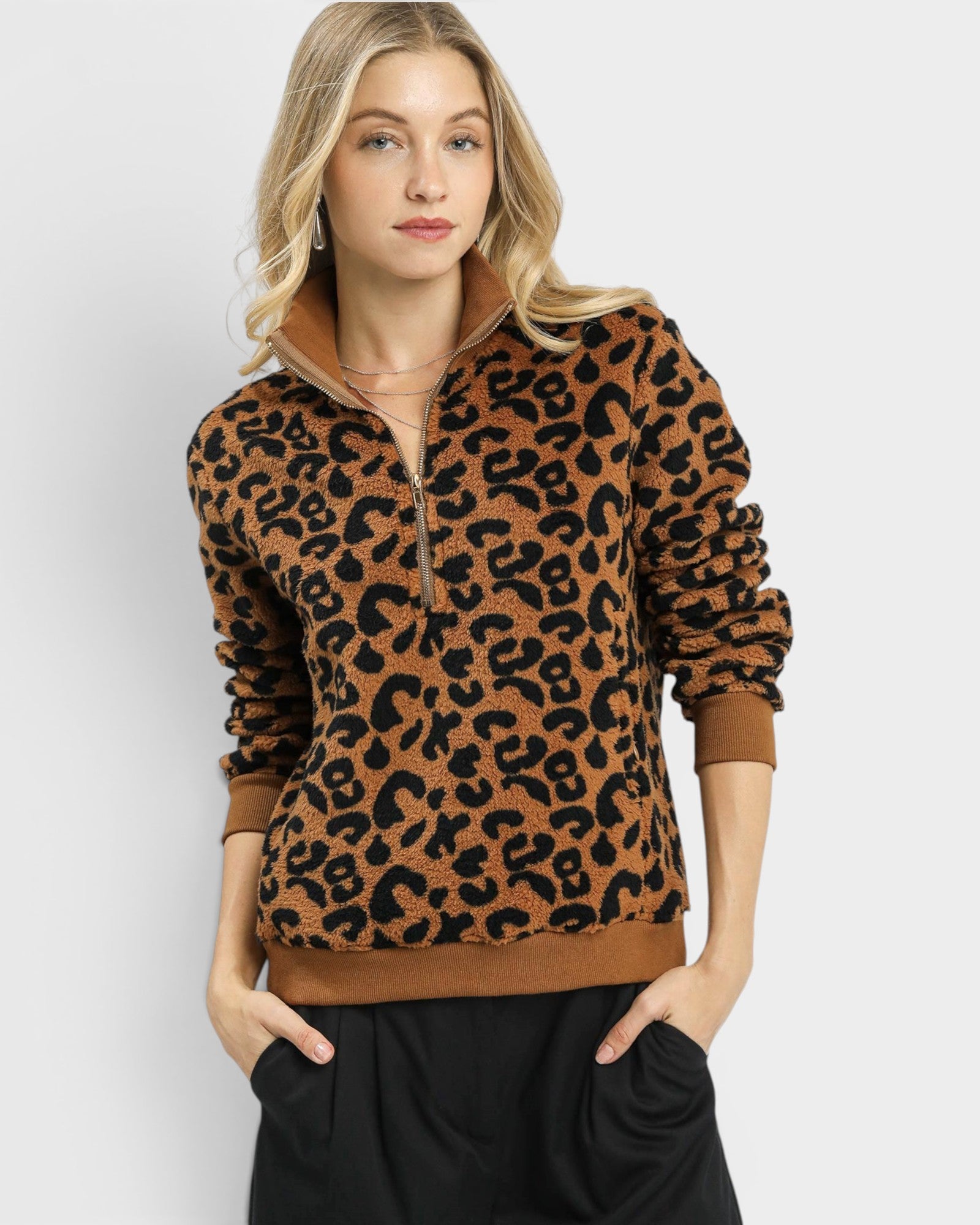 Camel Leopard Half Zip Pullover