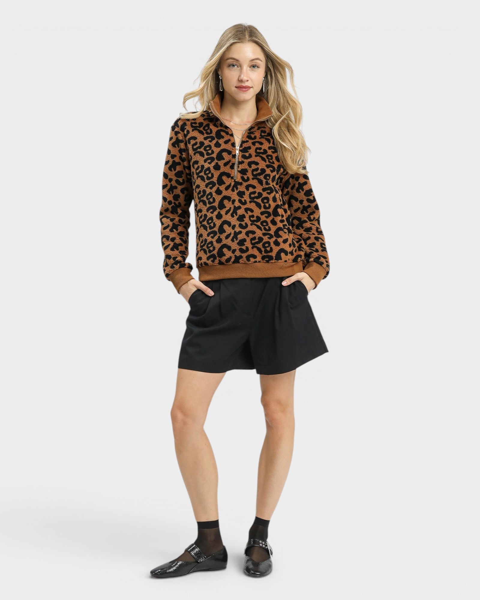 Camel Leopard Half Zip Pullover