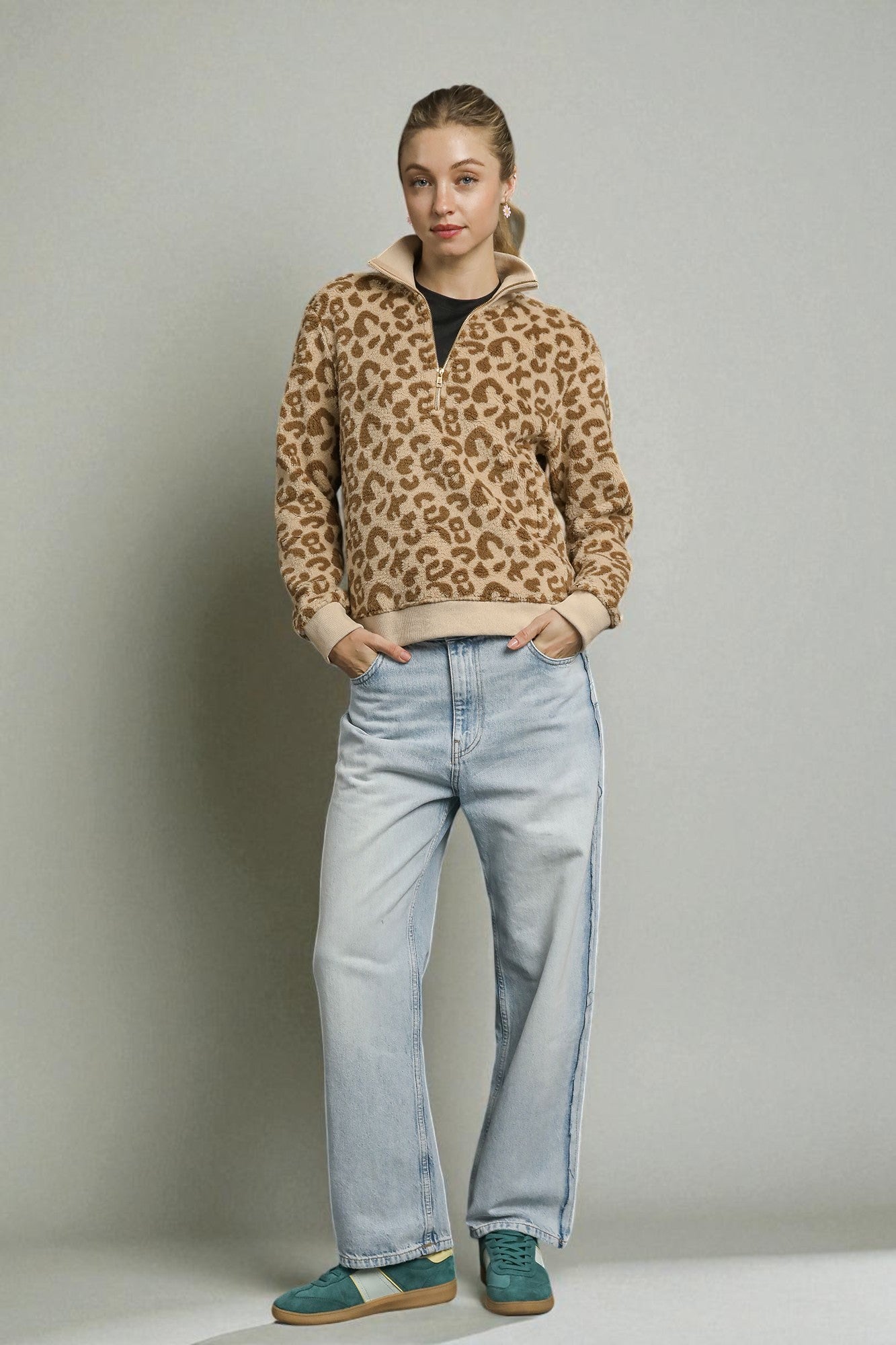 Camel Leopard Sherpa Half Zip Pullover