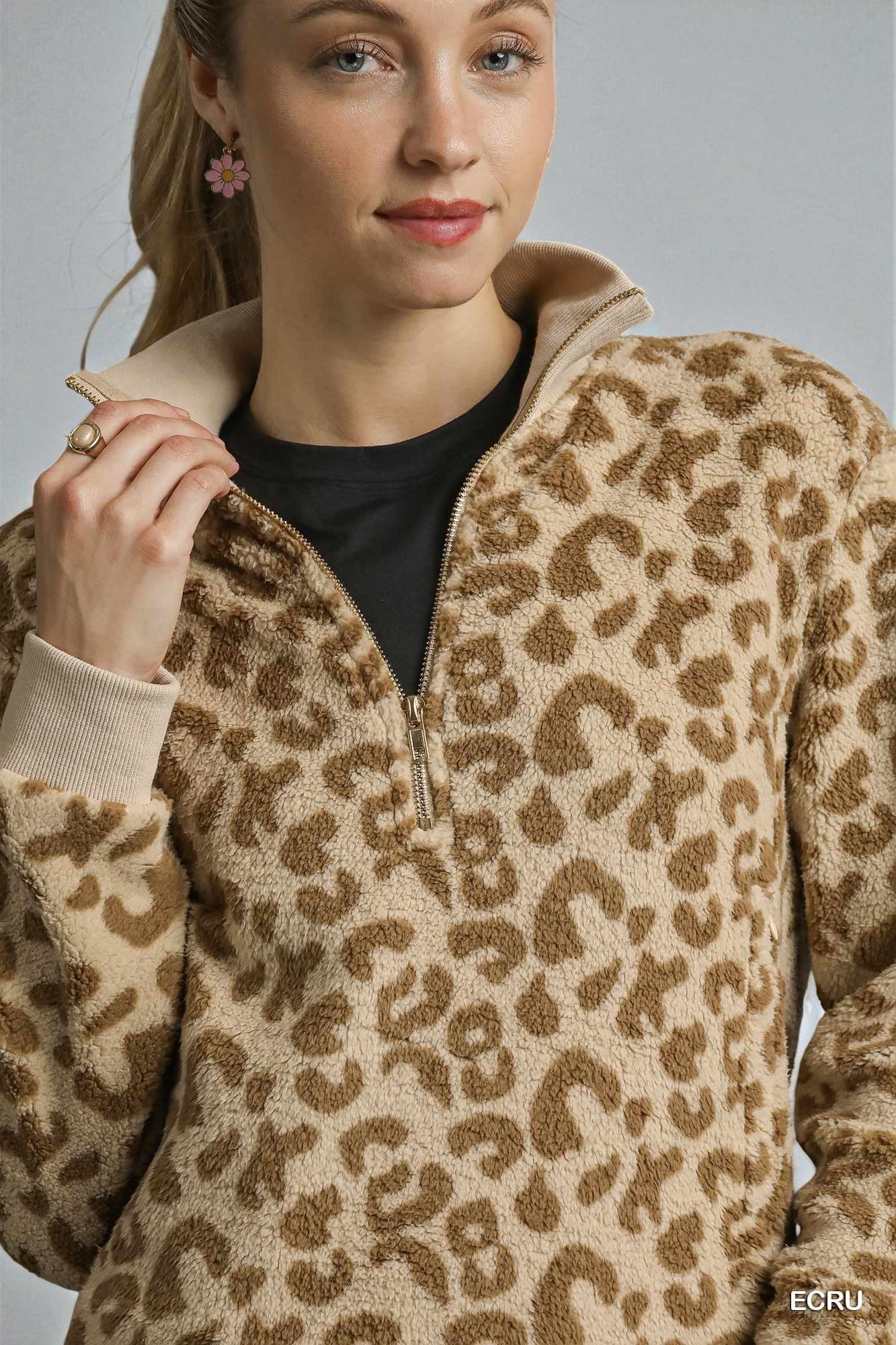 Camel Leopard Sherpa Half Zip Pullover