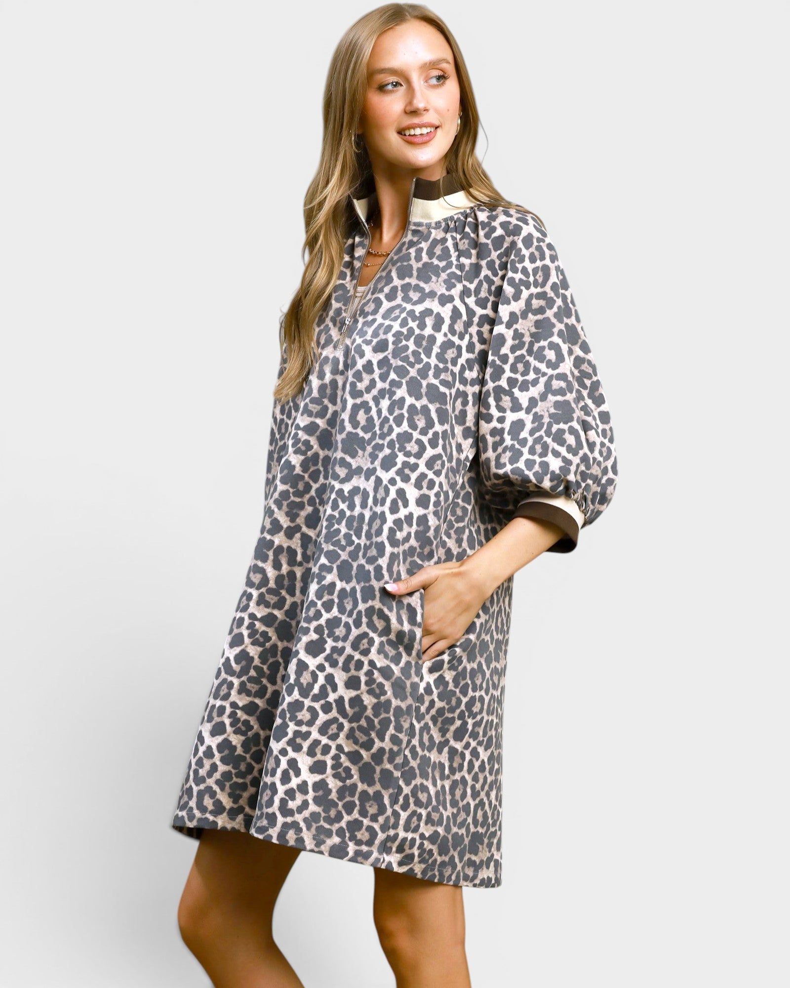 Cream Leopard Contrast Collar Mini Dress