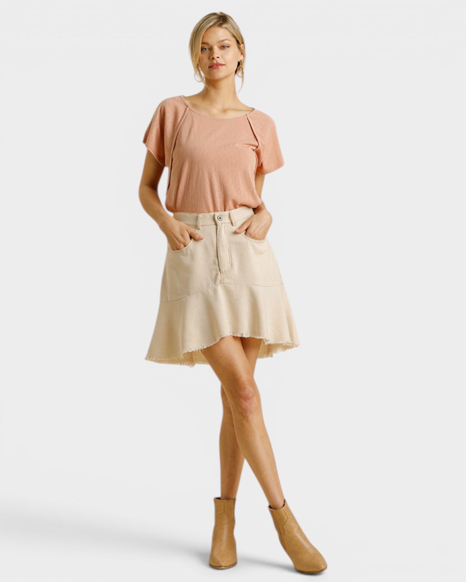 Ecru Denim Ruffle Mini Skirt