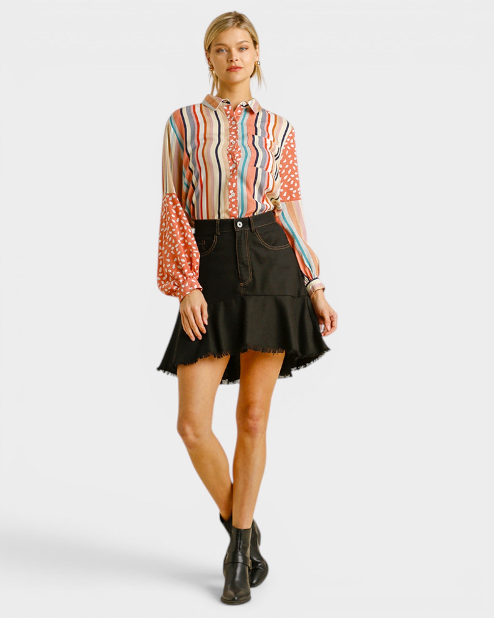 Black Denim Ruffle Mini Skirt