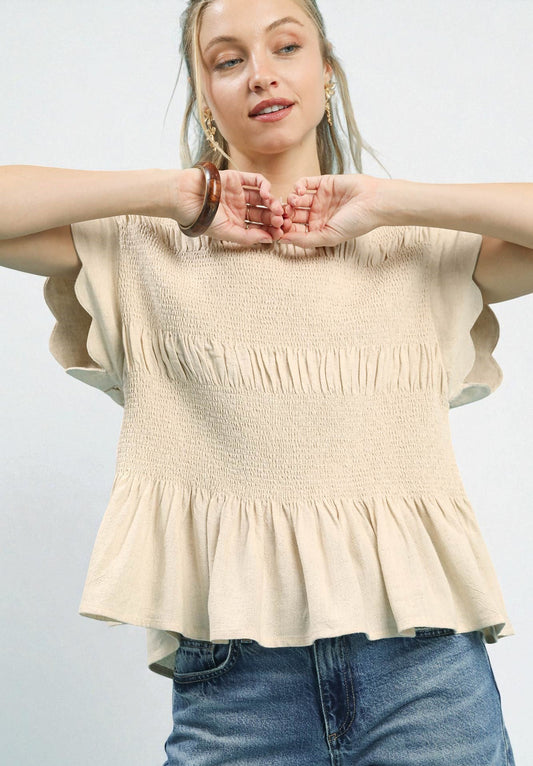 Cream Smocked Scallop Sleeve Top