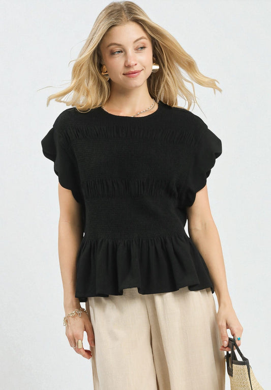 Black Smocked Scallop Sleeve Top