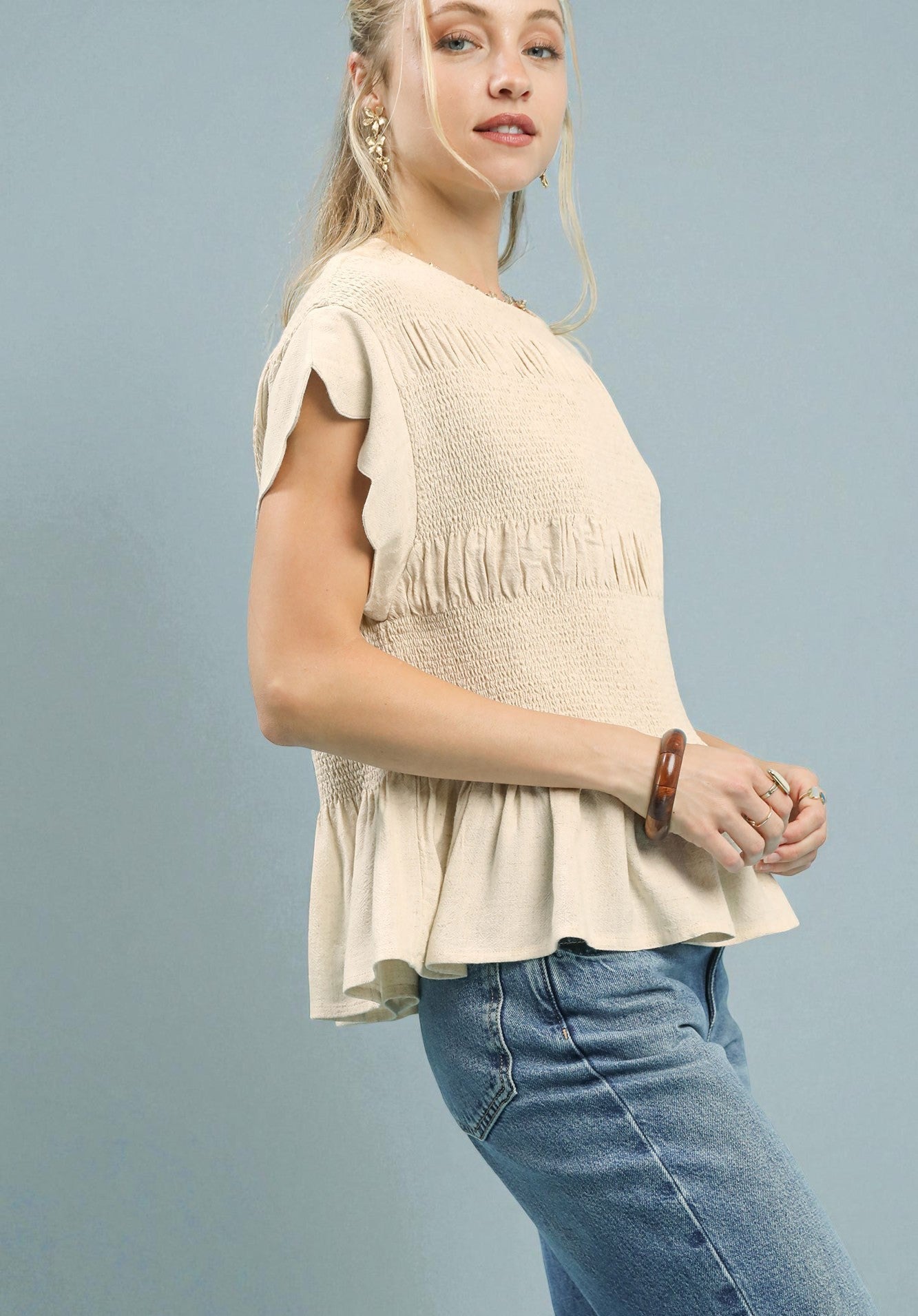 Cream Smocked Scallop Sleeve Top