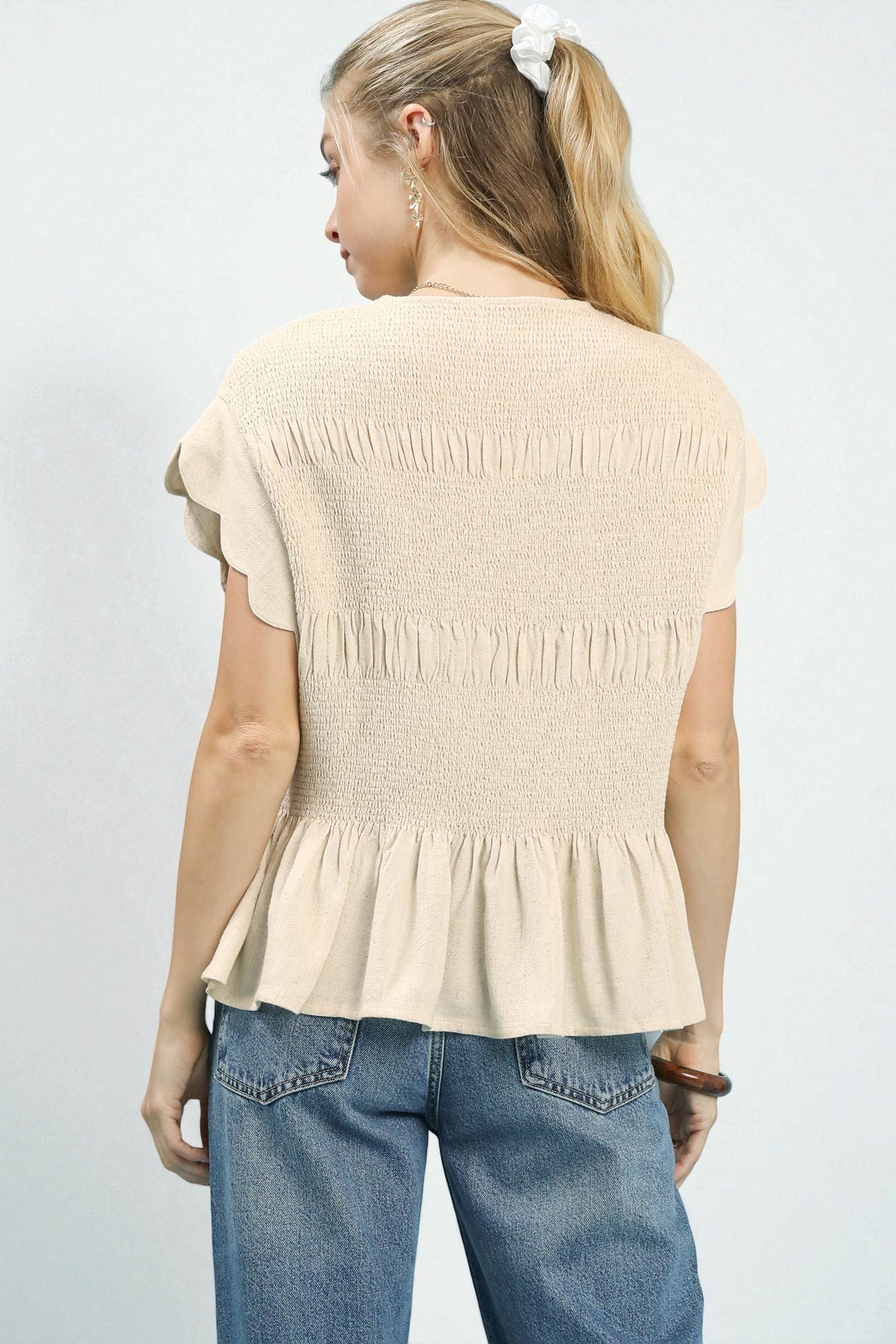 Cream Smocked Scallop Sleeve Top