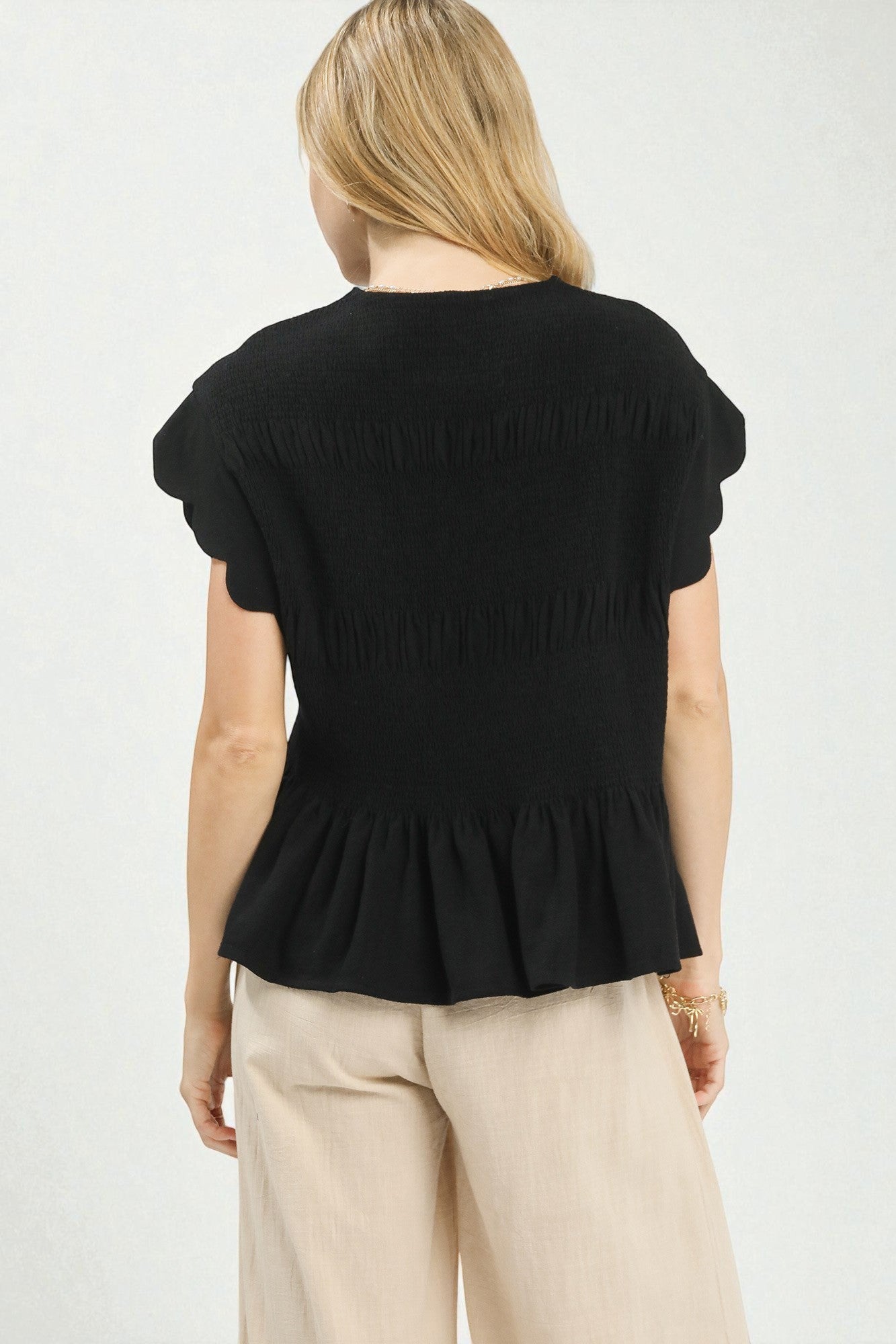 Black Smocked Scallop Sleeve Top