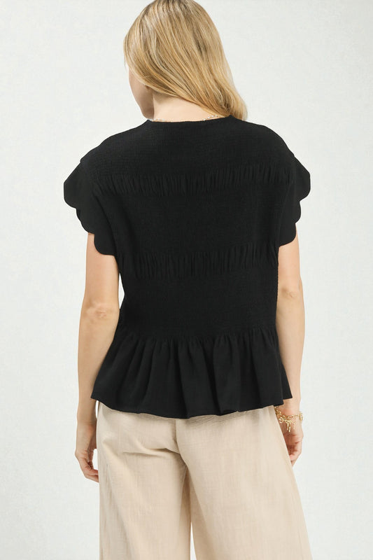 Black Smocked Scallop Sleeve Top