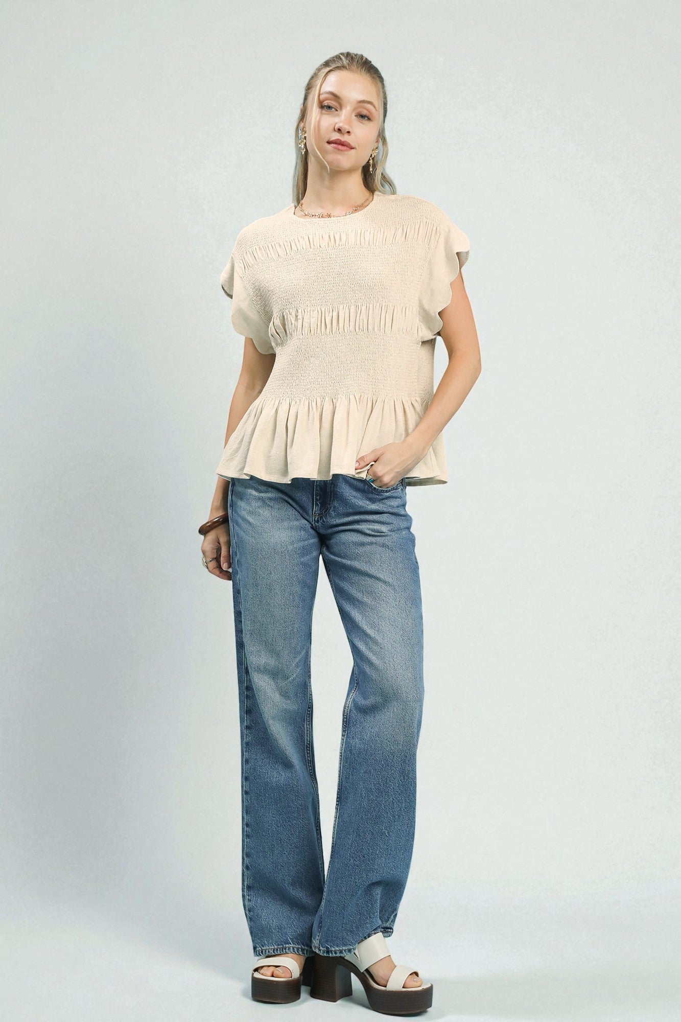 Cream Smocked Scallop Sleeve Top