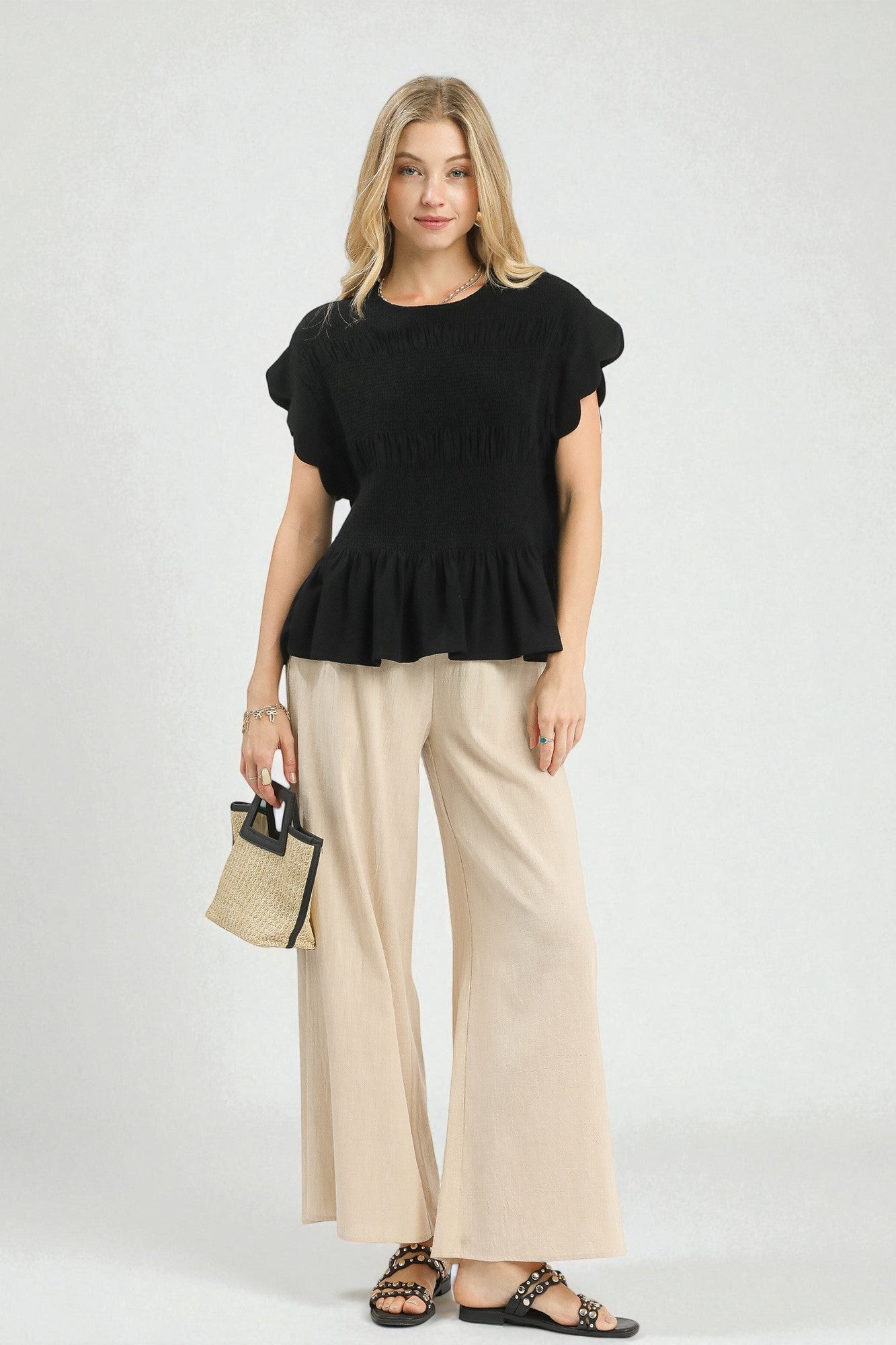 Black Smocked Scallop Sleeve Top