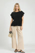 Black Smocked Scallop Sleeve Top