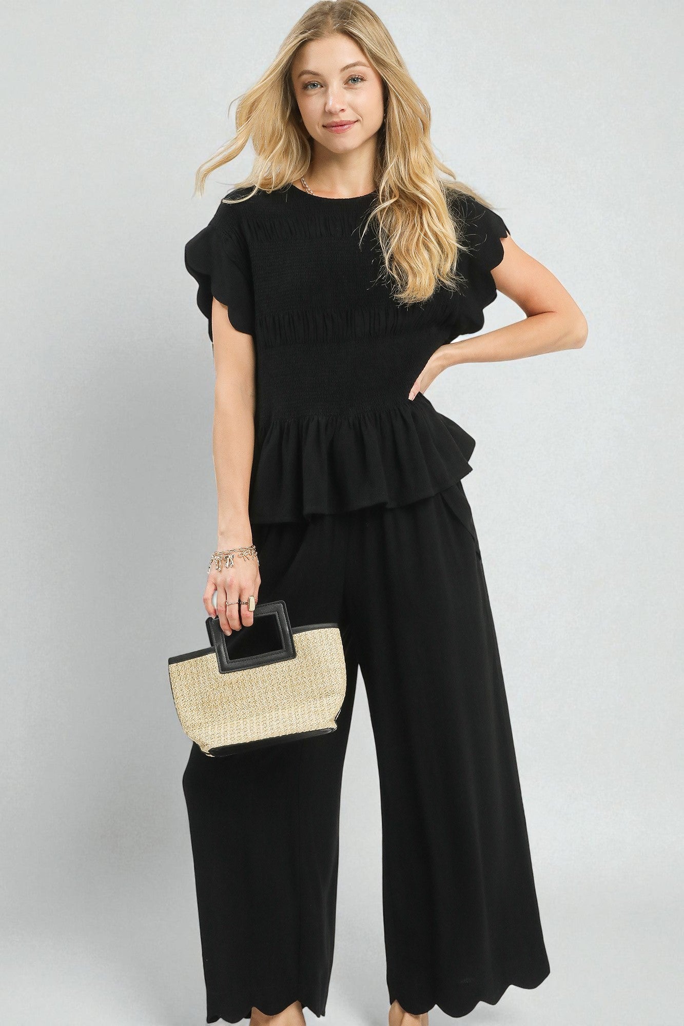 Black Smocked Scallop Sleeve Top