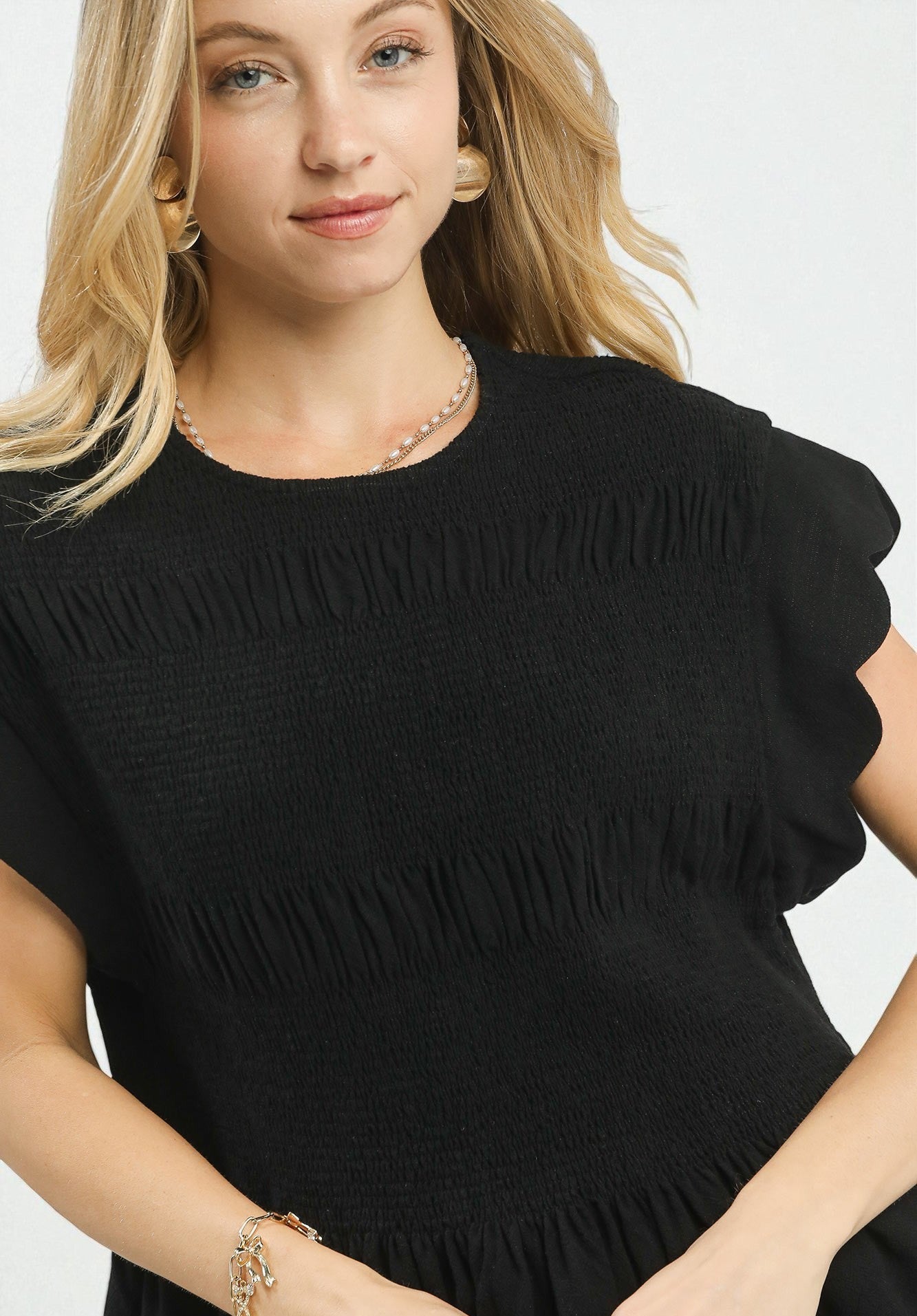 Black Smocked Scallop Sleeve Top