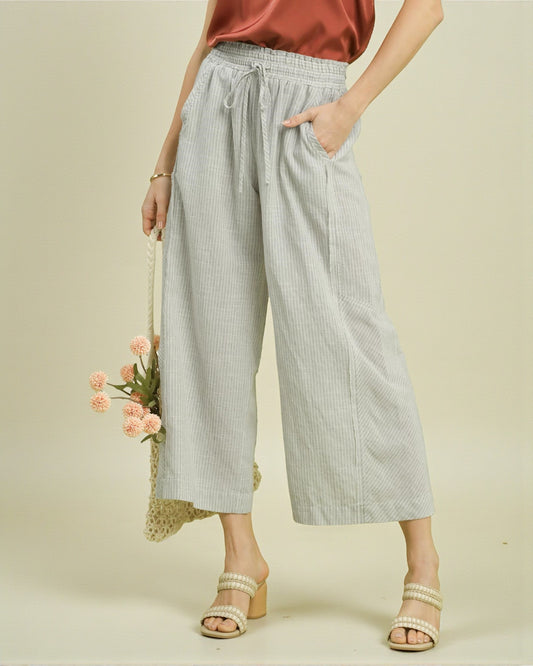 Oatmeal & Ivory Stripe Drawstring Wide Leg Pants