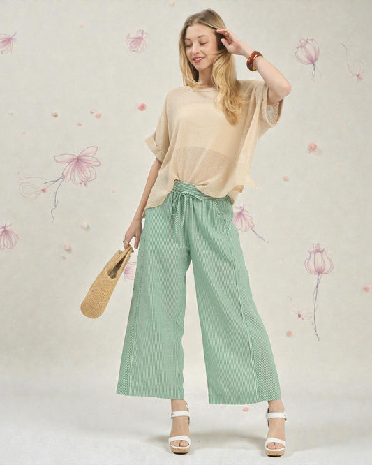 Sage & Ivory Stripe Drawstring Wide Leg Pants