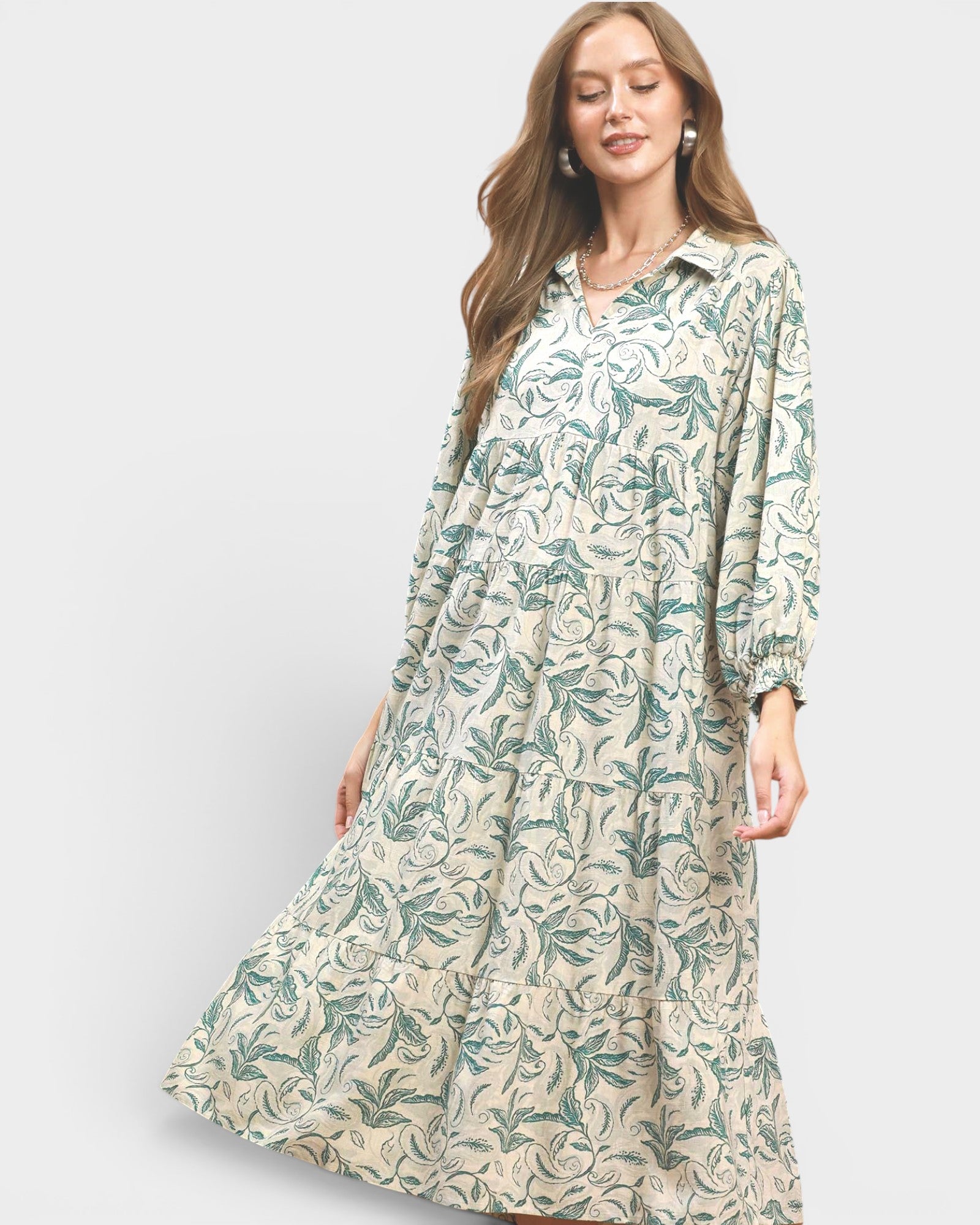 Palm Green Botanical Linen Midi Dress
