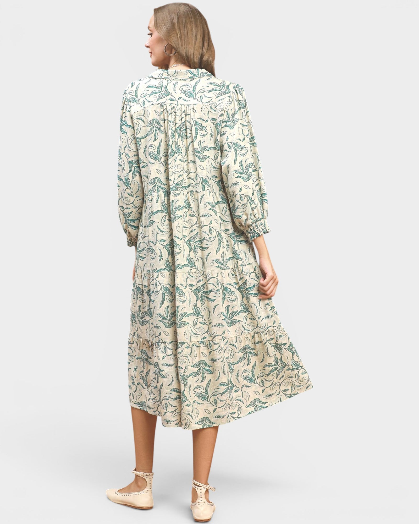 Palm Green Botanical Linen Midi Dress