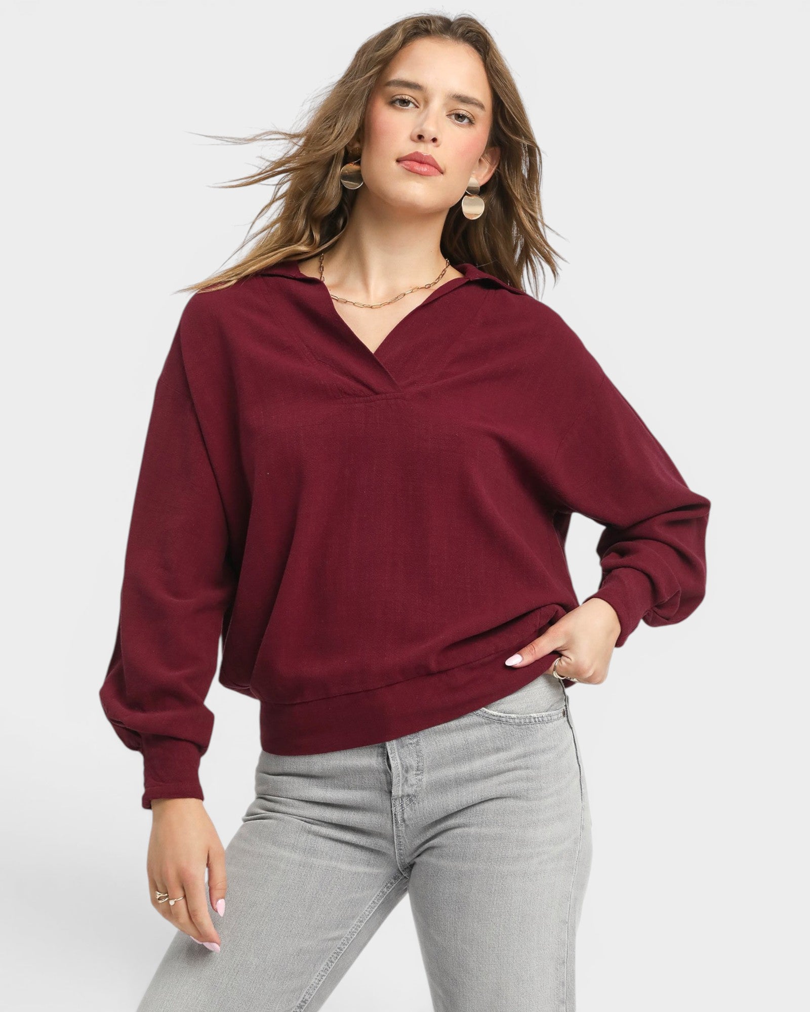Burgundy Linen-Cotton Pullover Top