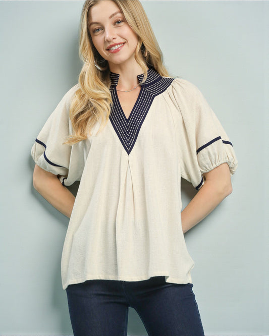 Ivory Embroidered V-Neck Puff Sleeve Top