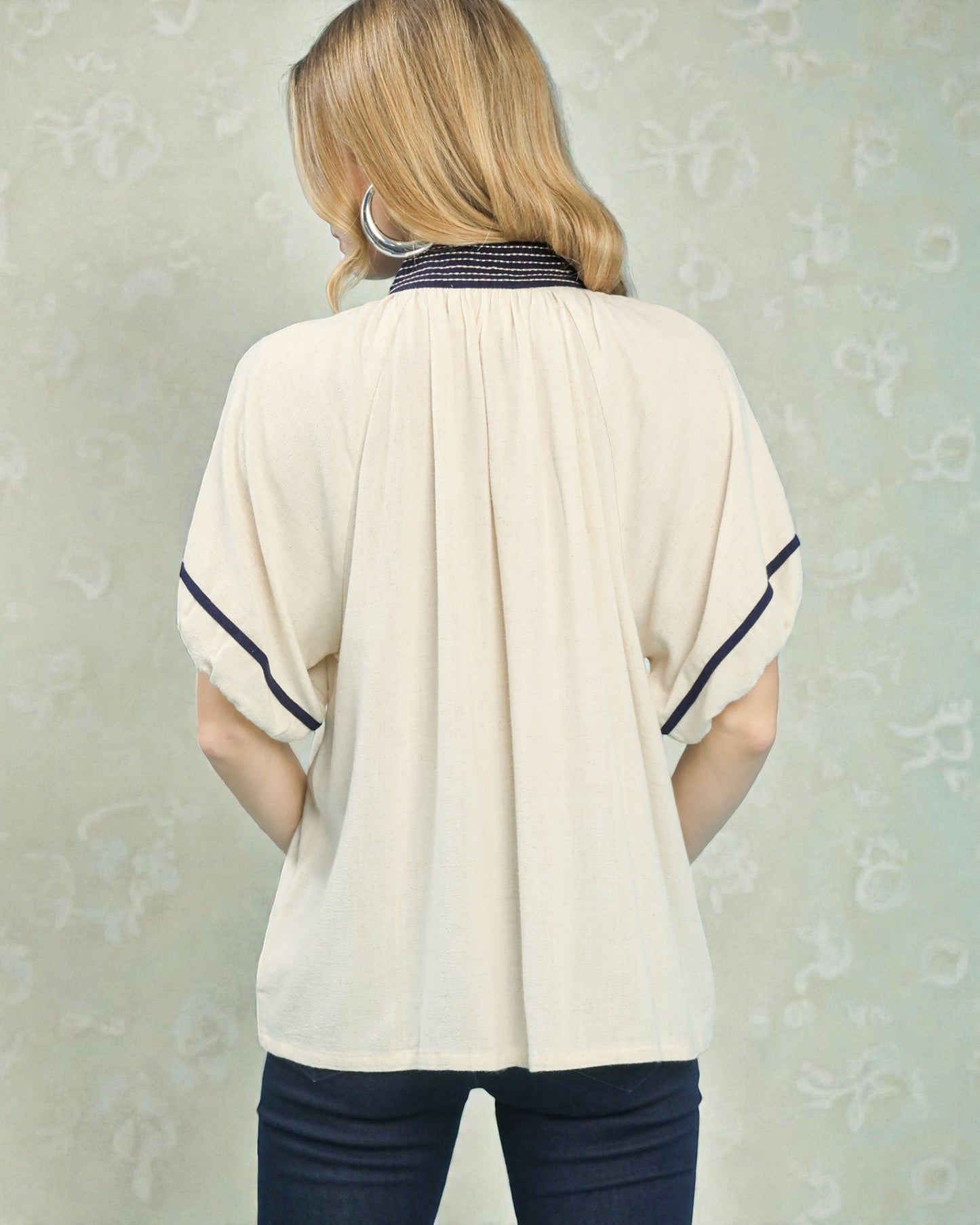 Ivory Embroidered V-Neck Puff Sleeve Top