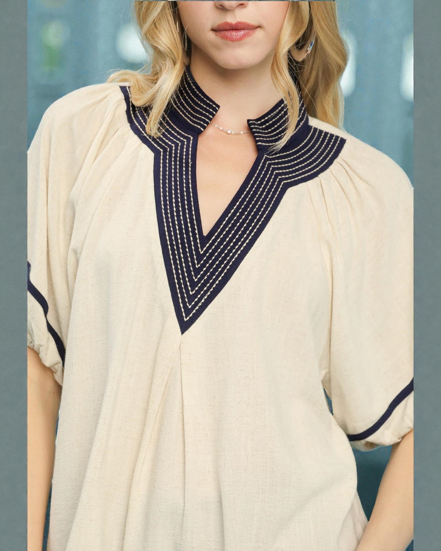 Ivory Embroidered V-Neck Puff Sleeve Top