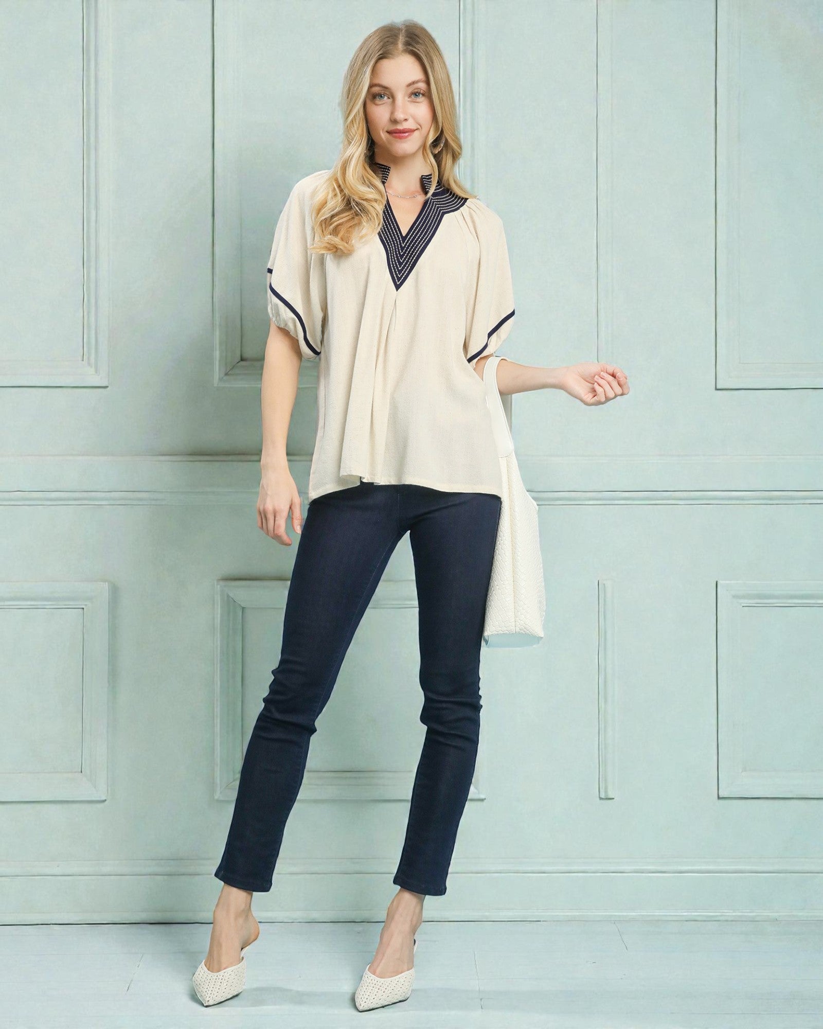 Ivory Embroidered V-Neck Puff Sleeve Top