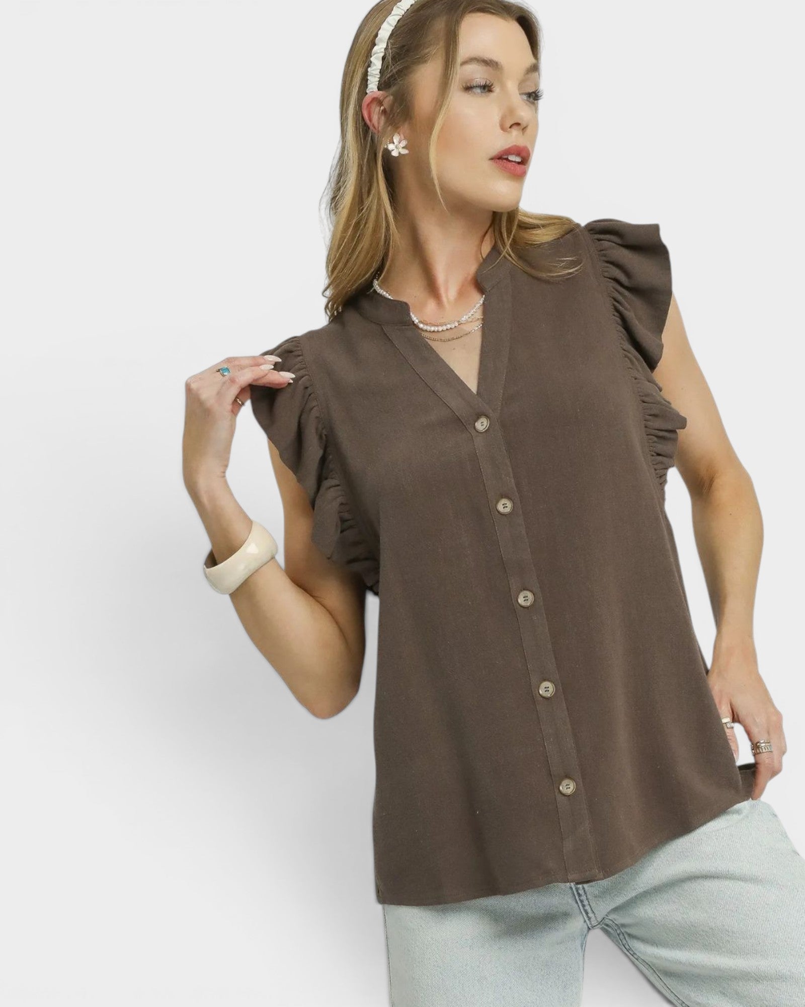 Espresso Linen Blend Ruffle Sleeve Top