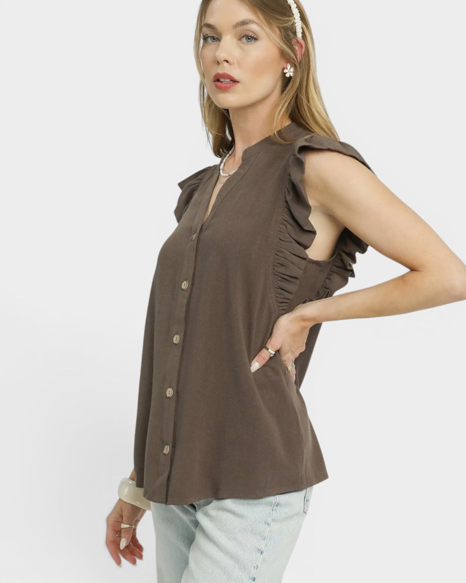 Espresso Linen Blend Ruffle Sleeve Top