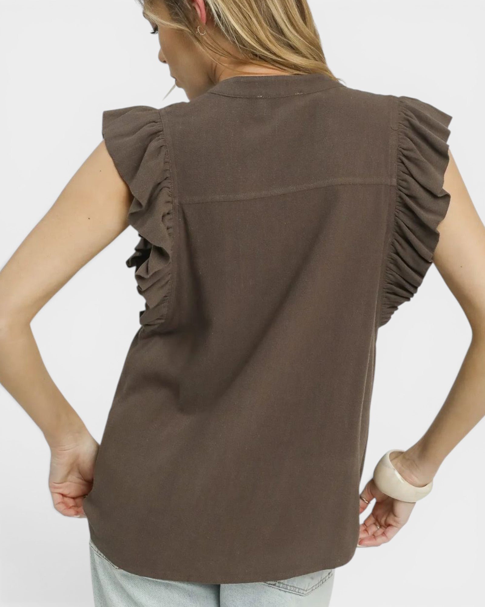 Espresso Linen Blend Ruffle Sleeve Top