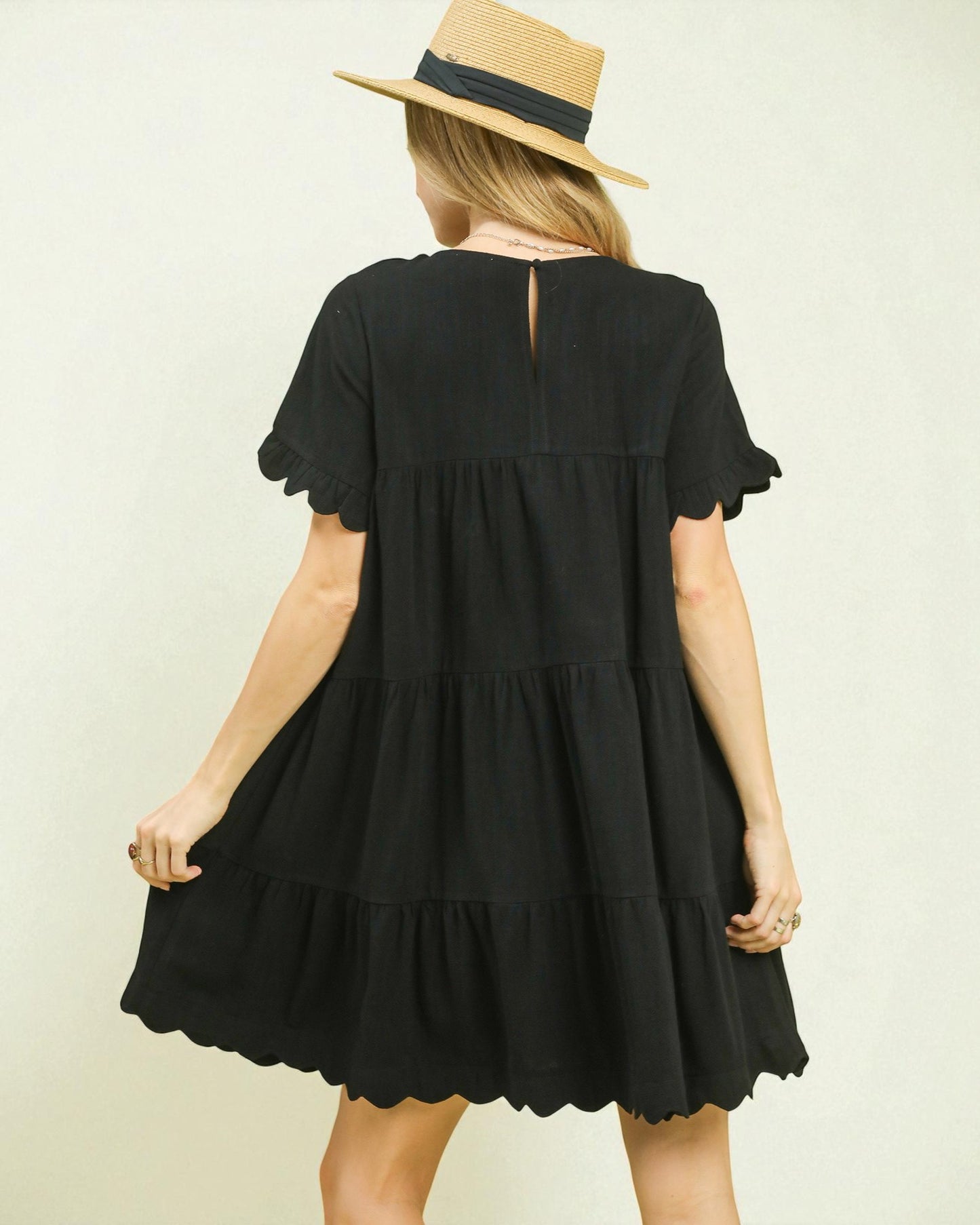 Woman wearing a black dress with ruffled sleeves and hem, standing against a plain background.