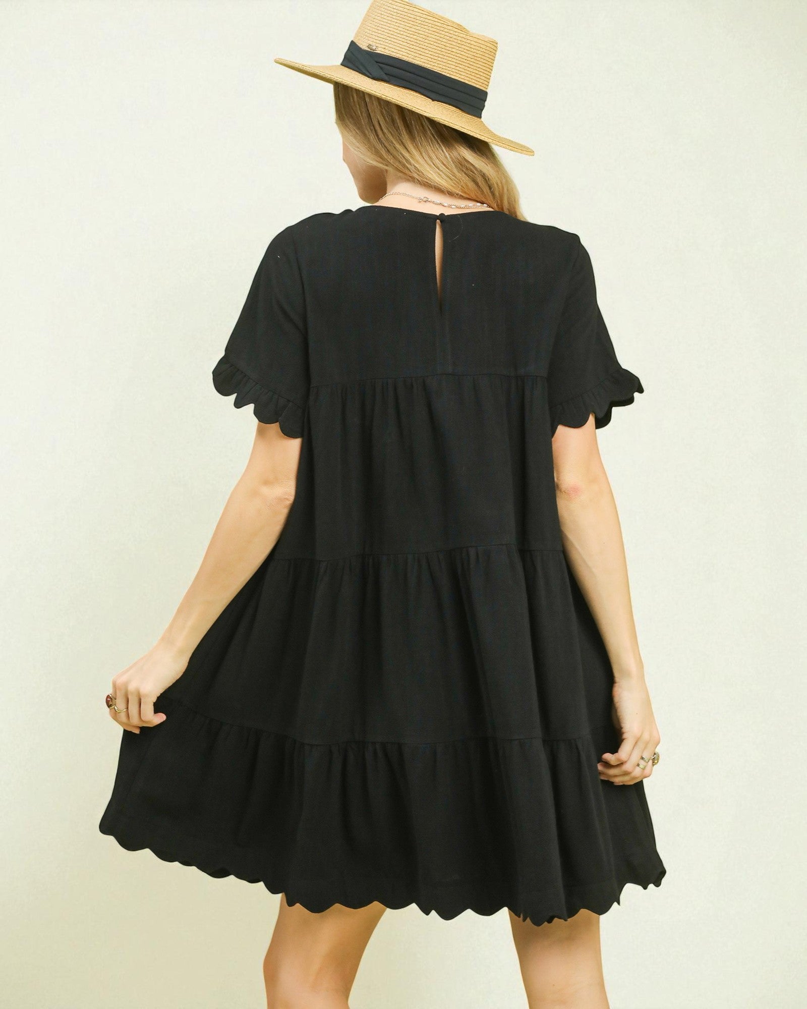 Woman wearing a black dress with ruffled sleeves and hem, standing against a plain background.