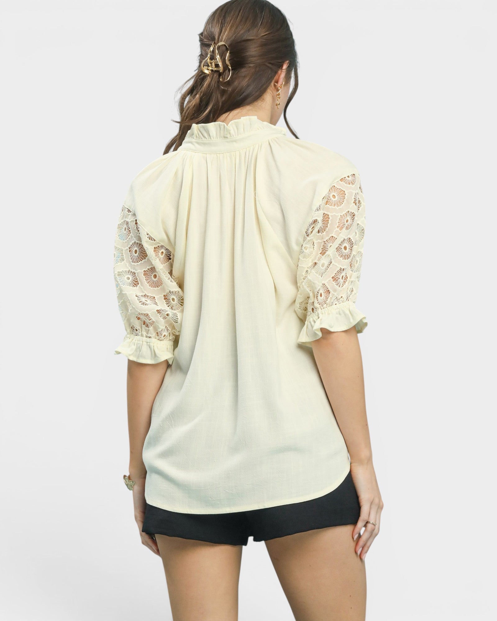 Cream Floral Lace Puff Sleeve Blouse