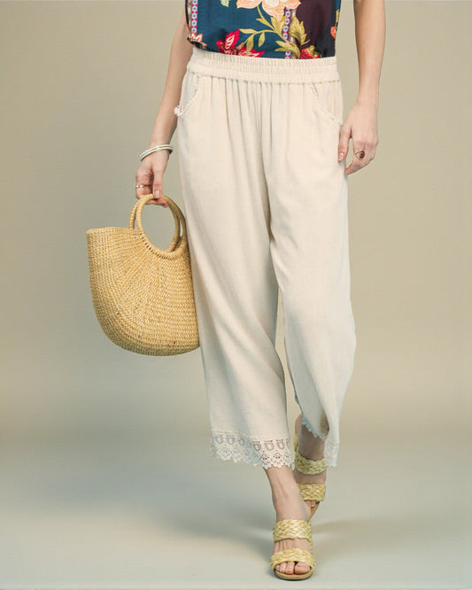 Oatmeal Elastic Waist Lace Hem Wide Leg Pants