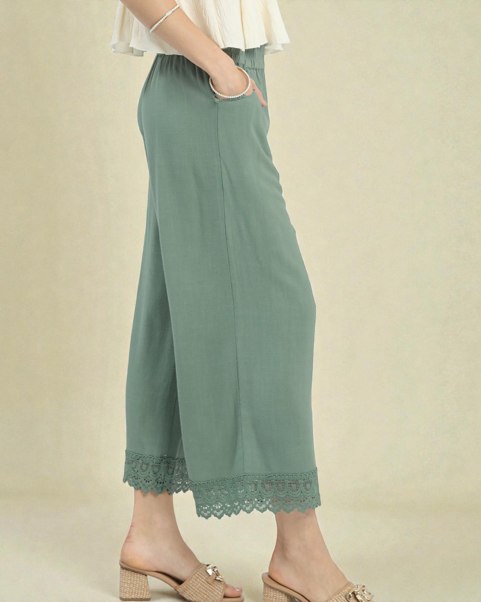 Soft Sage Elastic Waist Lace Hem Wide Leg Pants