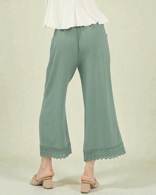 Soft Sage Elastic Waist Lace Hem Wide Leg Pants