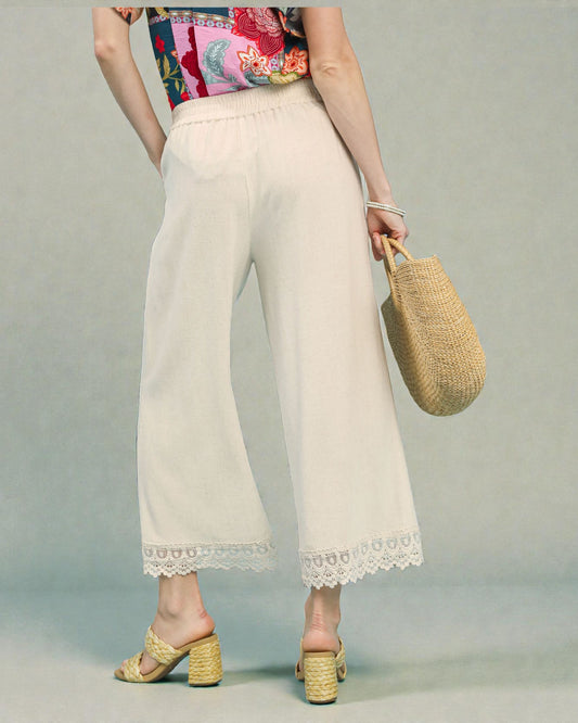 Oatmeal Elastic Waist Lace Hem Wide Leg Pants