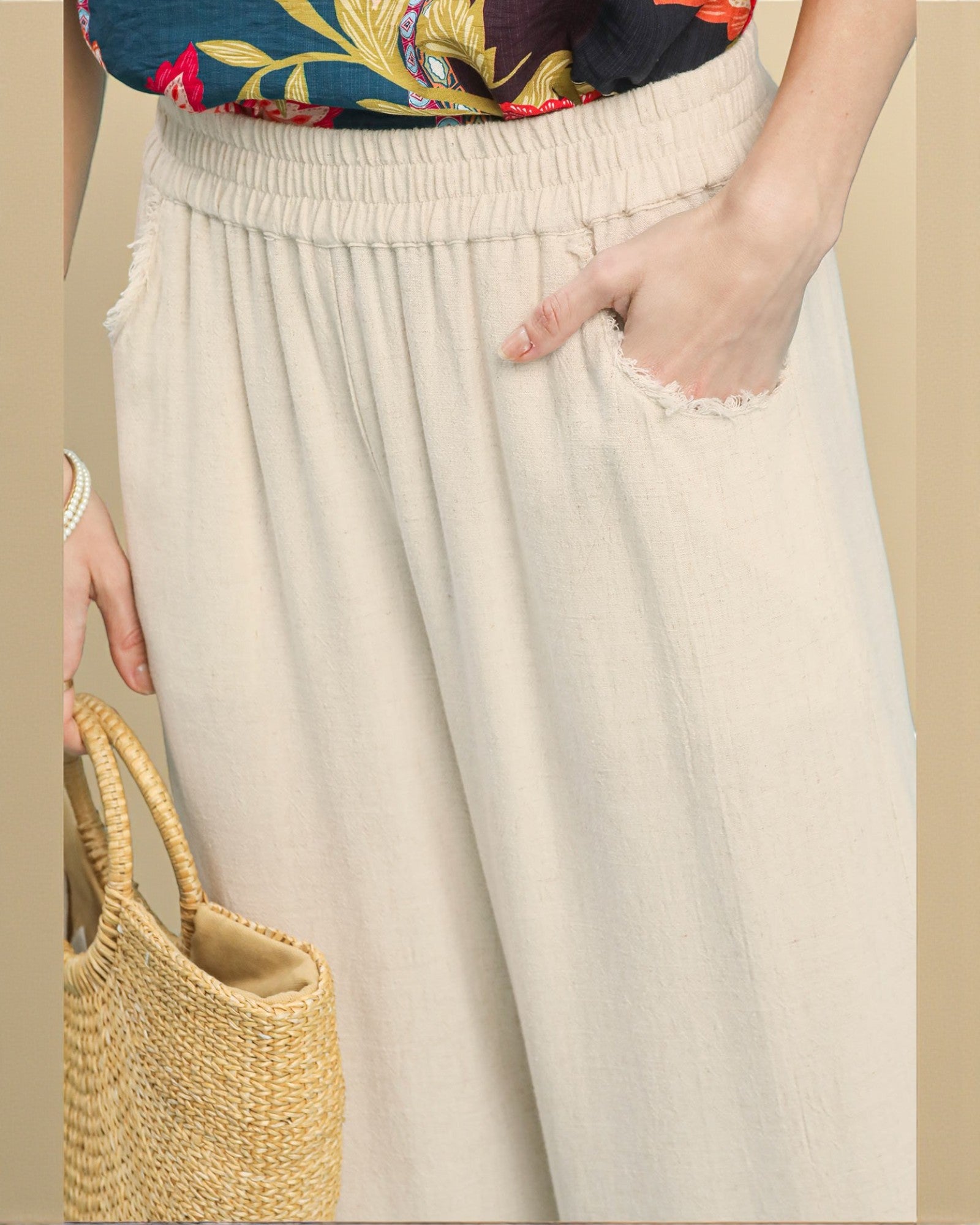 Oatmeal Elastic Waist Lace Hem Wide Leg Pants