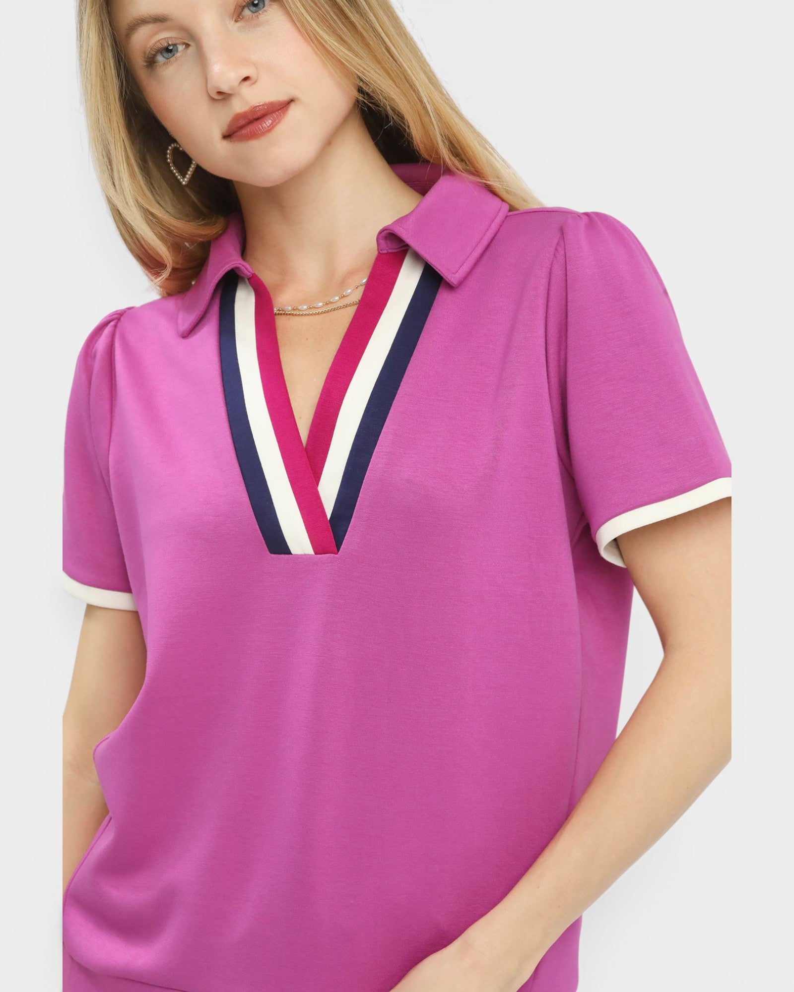 Magenta Contrast Trim Collared Top