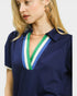 Navy blue blouse with colorful collar details on a plain background