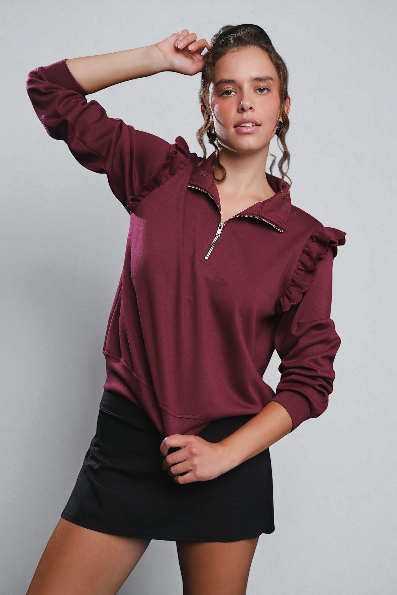 Wine Ruffle Shoulder Half Zip Pullover
