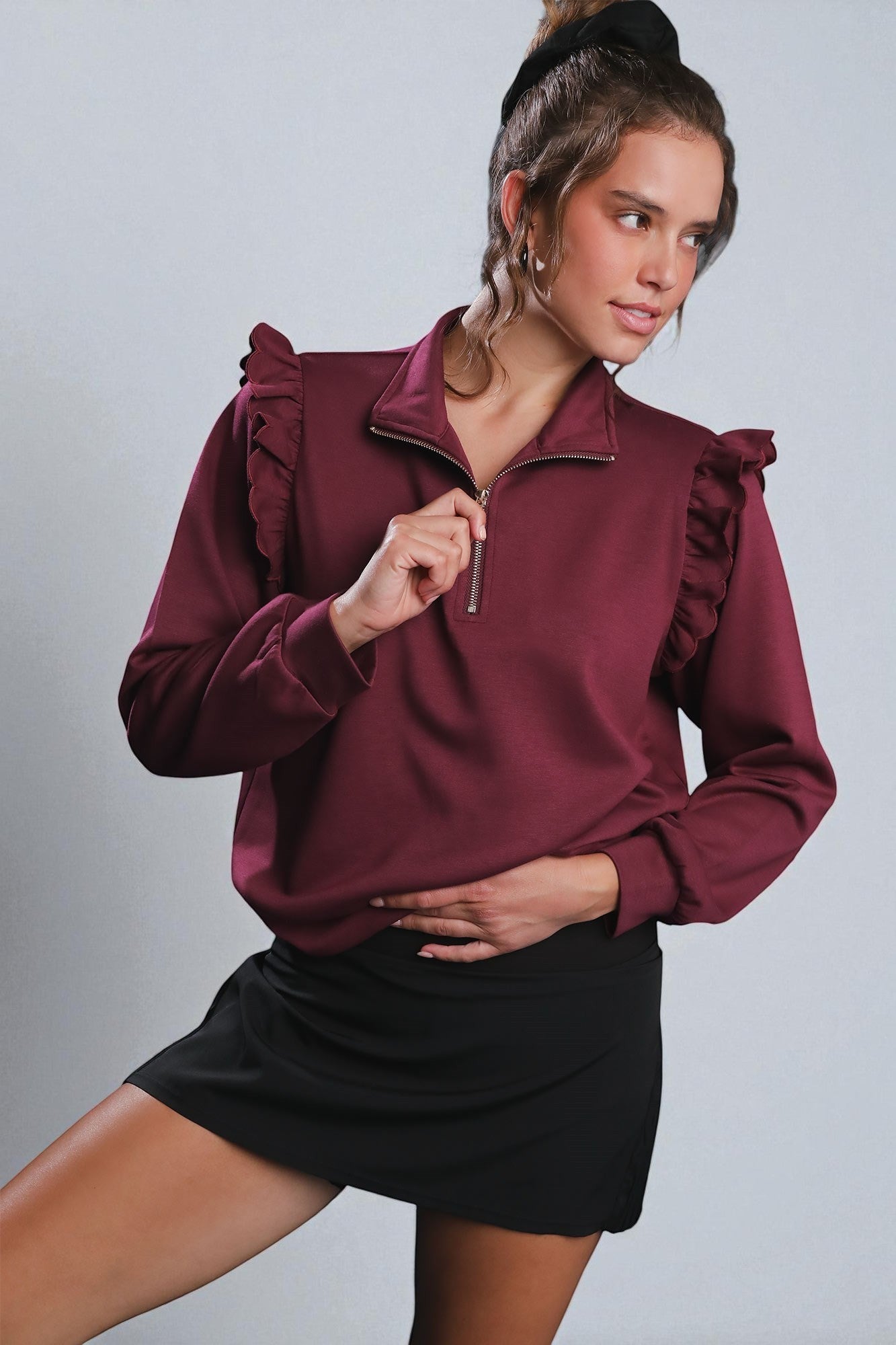 Wine Ruffle Shoulder Half Zip Pullover